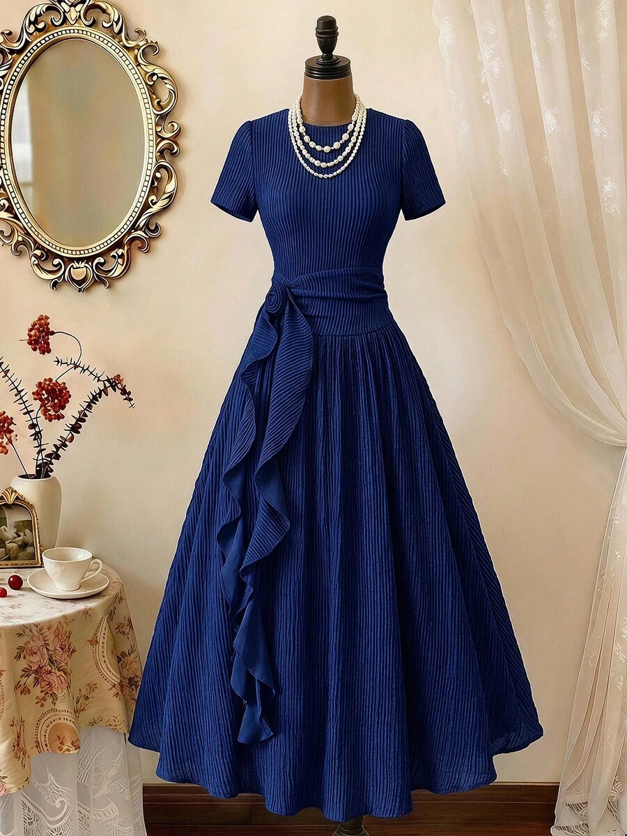 Vintamour Women's Ruffle Hem Elegant Long Dress Day Party Dinner Navy Blue Wedding Guest Dress For Women Elegant Party Blue Dress For Women Fall Winter 2026 - Blue - View 1