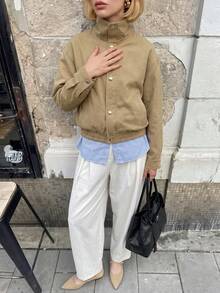 Struktiv Solid Color Khaki Stand Collar Short Jacket For Women, Woven Fabric Front Metal Button Closure Elastic Hem Casual Commute Outerwear - Khaki - View 4