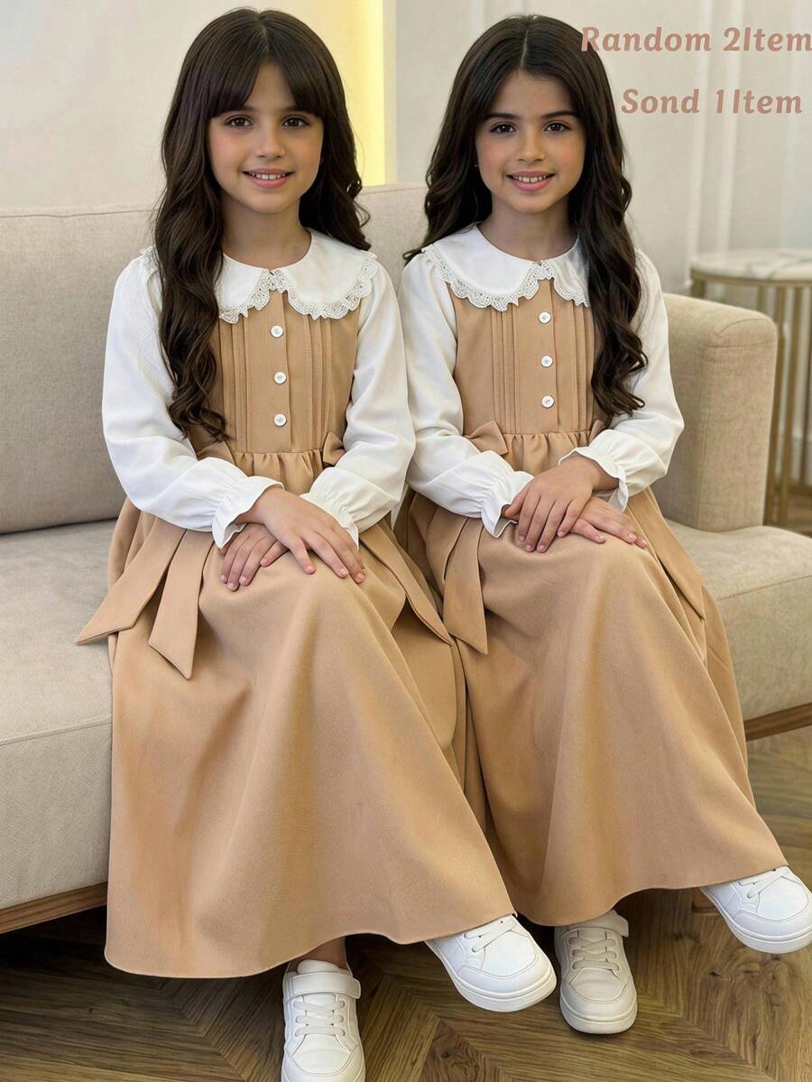 SHEIN Elladie kids 复古学院风卡其色蝴蝶结装饰休闲长裙，白色蕾丝边彼得潘领长袖连衣裙，适合返校季，甜美可爱，优雅百搭，适合日常穿着、旅行、拍照、派对等场合。