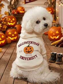 PETSIN 1pc Evil Pumpkin Pattern And Letter Printed Pet Hoodie, White Casual Style, Thick Warm Pet Clothing For Autumn And Winter - Beige - View 3