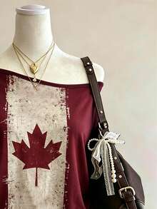 Lalippa Kaos Wanita Minimalis Modis Leher Bulat Motif Daun Maple Aneka Warna, Hadiah untuk Teman - Burgundy - View 3