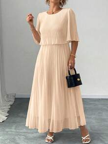 Elenzga Plus Size Plain Color Elegant Elegant Lady Chiffon Pleated Dress, Spring & Summer Fall - Apricot - View 3