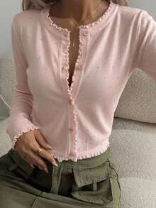 FRIFUL Women's Solid Pink Ruffle Trim Loose Casual Versatile Cardigan - Beige - View 3