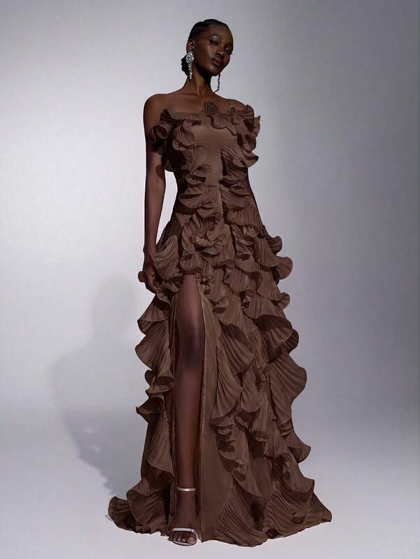 Elitara Elegante y lujoso vestido de sirena con corte A, sin tirantes, con abertura, espalda con lazo, diseño de volantes plisados de organza, encaje bordado con lentejuelas y cuentas, sexy, para bodas, eventos, despedida de soltera, vacaciones, baile de graduación y gala de noche (fuertemente adornado)