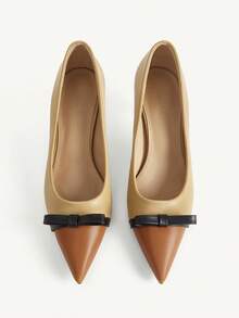 CUCCOO CHICEST Women's New Camel Brown Colorblock Pointed Toe Bow Low Cut Stiletto High Heels PU Leather Fashion Elegant Wedding Party Fall Shoes - camel brown - View 9