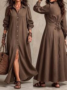 Linhara CURVE Vestido largo de talla grande para mujer, color liso, con solapa y abertura delantera, para primavera/otoño/invierno, uso casual/campestre/diario - Café integral - Ver 4
