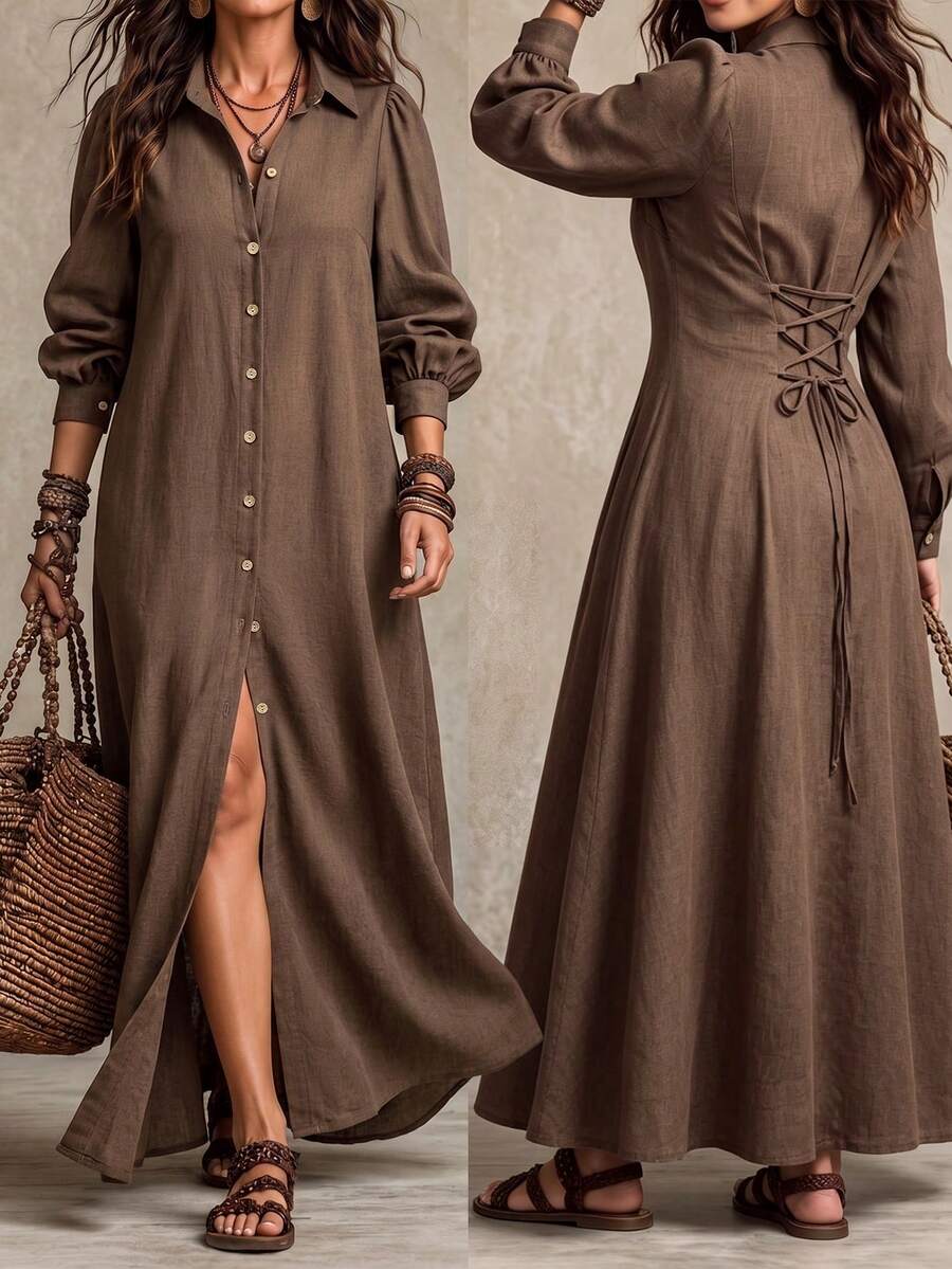 Linhara CURVE Women's Plus Size Solid Color Lapel Front Slit Long Dress, Spring/Autumn/Winter Casual/Country/Daily Wear Dress Fall - Coffee Brown - View 1