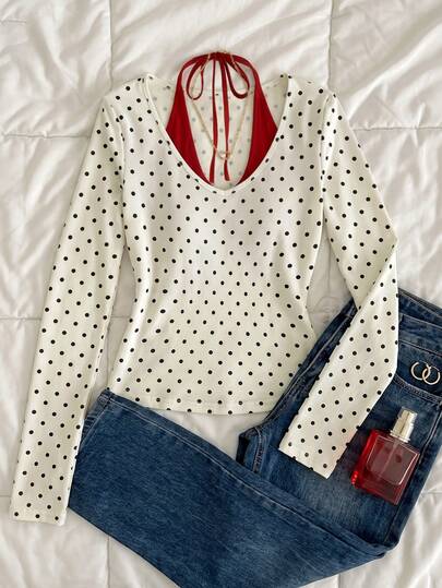 Elamini Y2K Romantic Sexy Millennium Style French Black & White Polka Dot Fitted Long Sleeve T-Shirt With Red Halter Neck Tank Top Inner Layer, Sweet Cool Hot Girl Short Waist Two Pieces Set Base Layer