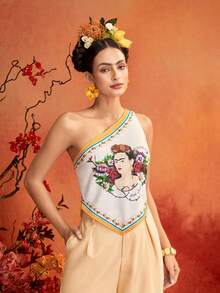 Glamance Frida Kahlo X SHEIN Apricot Yellow Portrait Floral Pattern Top Vest, Elegant Mature Casual Sexy, Suitable For Outings, Work, Office, Daily Wear, Gatherings, Parties, Birthdays, Vacations, Middle East Travel, Beach, Swimwear, Bohemian Style, Summer - Apricot - View 3