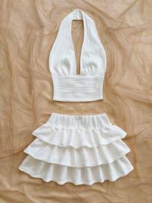 Soleia Women's Vacation Casual Backless Halter Top & Ruffle Tiered Skirt 2 Pieces Set - White - View 3
