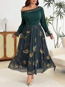 Modelyn Gaun Elegan Motif Jala Mawar, Patchwork Warna Solid, Kerah Renda, Bahu Terbuka, Lengan Panjang, Pinggang Terikat, Potongan A-Line Regular Fit Ukuran Plus untuk Musim Semi dan Gugur - Dark Green - View 4