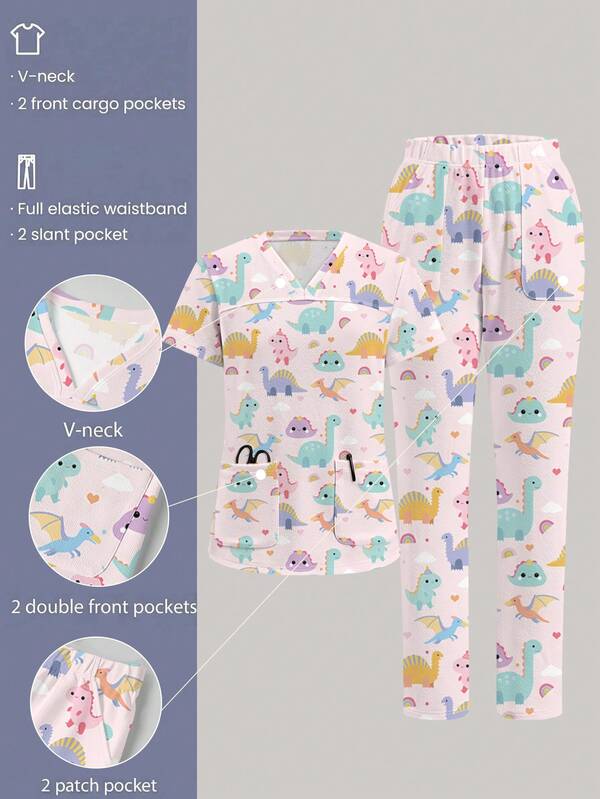 TaskEZ 2 Potong Set Seragam Scrub dengan Motif Dinosaurus Lucu, Cocok untuk Perjalanan Kerja dan Rumah Sakit Hewan Peliharaan