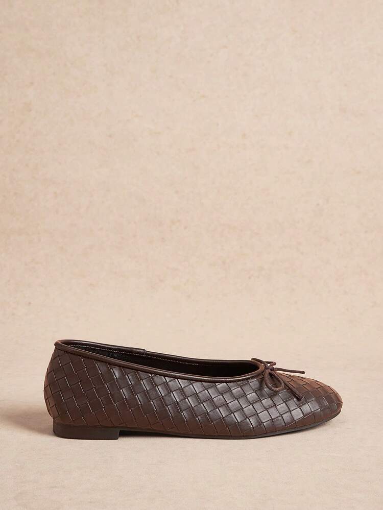 Rosivie Retro Pu Leather Woven Design Women's Shoes, Bow Low Vamp Flat Shoes, Soft Soles Are Not Tired To Wear For A Long Time, Holiday Banquet Fall Shoes - Dark coffee - View 2