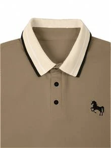 Calvornis 男士珠飾羅紋領刺繡短袖休閒 Polo 衫 - 卡其色 - 查看 3