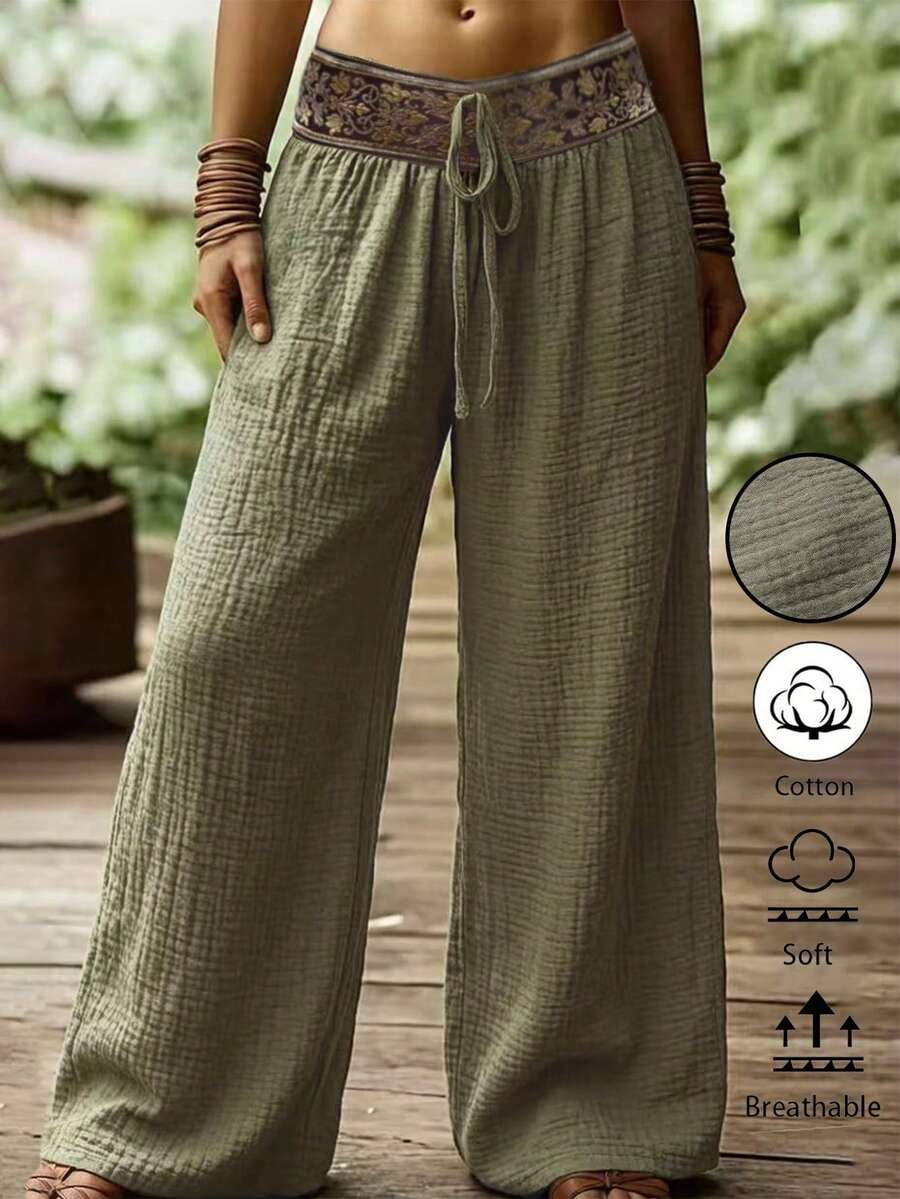 Holdful Holdful Women's Drawstring Waist Casual Versatile Daily Wear Wide Leg Pants - Army Green - View 1
