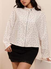 CovetEZ New Polka Dot Colorblock Casual Versatile Plus Size Long Sleeve Jacket Fall - Beige - View 4