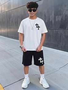 青少年男孩休閒簡約圓領短袖T恤與短褲兩件套，適合夏季，卡通圖案 - 彩色 - 查看 3