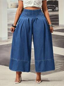 Slaydiva Plus Size Women's High Waist Pleated Wide Leg Loose Casual Non-Stretch Denim Jeans - Dark Wash - View 4