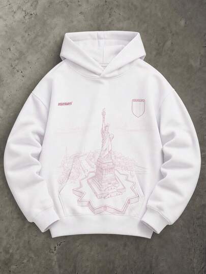 SUMWON Bluza oversize z kapturem, nadrukiem graficznym Statuy Wolności i logo graffiti AOP, streetwearowy pullover