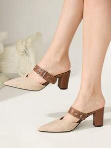 CUCCOO CHICEST Spring And Summer New Linen Pointed Toe Women's High Heels Shoes Mule Shoes Leather Buckle Thick Heel Slouchy Shoes Retro Casual Dating Party Fall Shoes - Brown - View 2