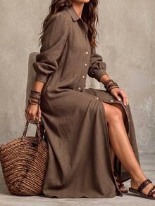 Linhara CURVE Vestido largo de talla grande para mujer, color liso, con solapa y abertura delantera, para primavera/otoño/invierno, uso casual/campestre/diario - Café integral - Ver 8