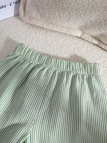 SHEIN 2pcs/Set Young Boy Casual Green & White Striped Patchwork Design Collared Short Sleeve Shirt And Shorts Set,Loose Fit,Summer Daily Outings Outfit - Multicolor - View 8