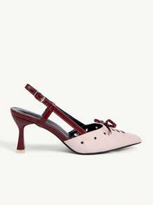 CUCCOO CHICEST Elegant Pink Color Matching Bow Pointed Back Air Heel Sandals Women's Commuting Versatile Low Vamp Shoes Fall Shoes - Pink - View 3