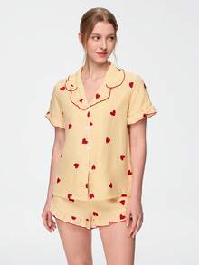 Bonmuse Women's Sleepwear Set With Heart Striped Woven Print, Ruffled Collar, Short Sleeve Top And Shorts, Sweet, Cute And Elegant - Yellow - View 5