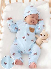 SHEIN Newborn Beige Bear Pattern Long Sleeve Jumpsuit With Hat Set - Baby Blue - View 1