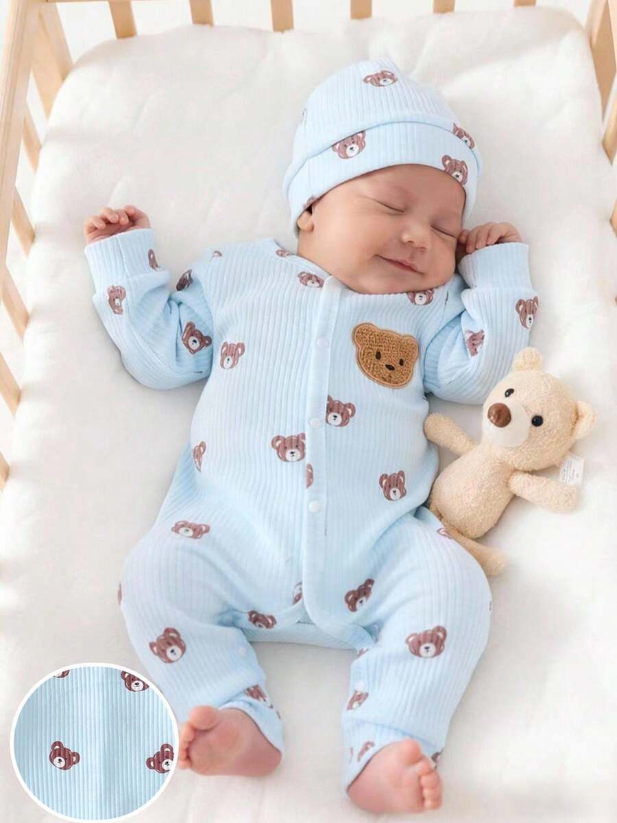 SHEIN Newborn Beige Bear Pattern Long Sleeve Jumpsuit With Hat Set - Baby Blue - View 1