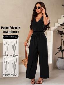SHEIN PETITE Women's Solid Color Backless Tie Loose Wide Leg Sleeveless Jumpsuit Black Summer Casual Black - Black - View 1
