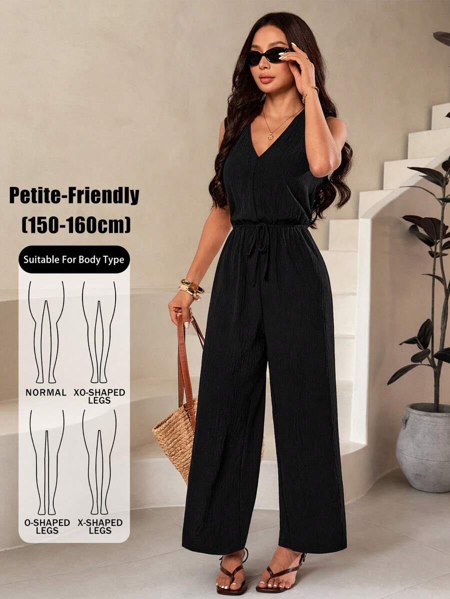 SHEIN PETITE Women's Solid Color Backless Tie Loose Wide Leg Sleeveless Jumpsuit Black Summer Casual Black - Black - View 1