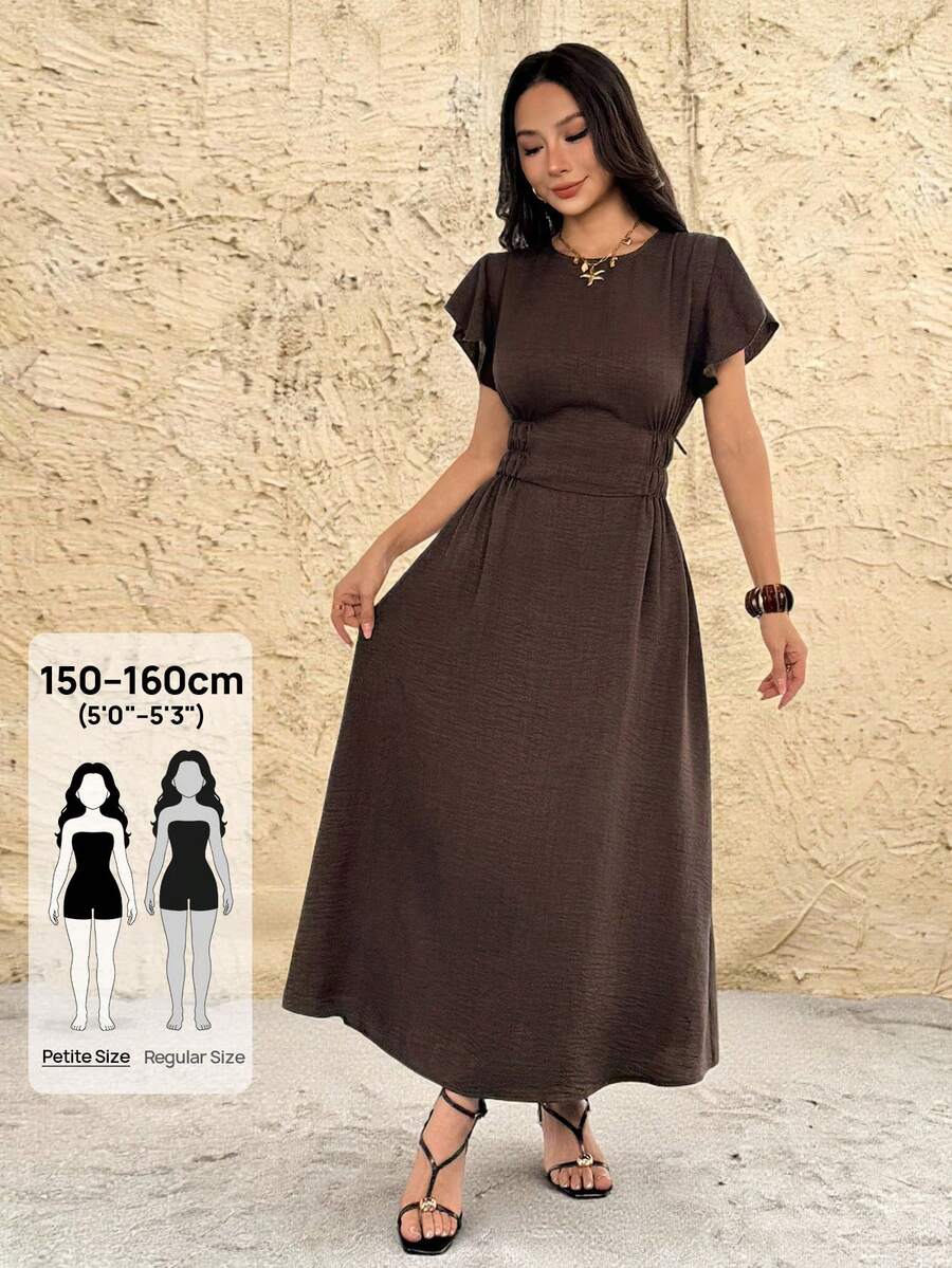 SHEIN PETITE 女款休閒純色收腰中長洋裝