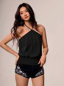 Willow Rêve 女款黑色針織細肩帶背心上衣，休閒度假風夏季上衣，黑色女款夏季背心，優雅女式上衣 - 黑色 - 查看 7