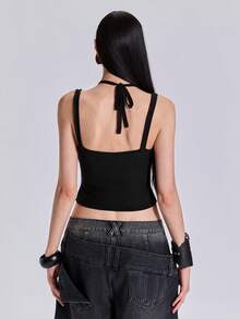 ROMWE Atasan Rajut 2 in 1 Gaya Punk Street Style Hot Girl Y2K Musim Panas Musim Semi Musim Gugur dengan Gesper Logam - Hitam - View 5
