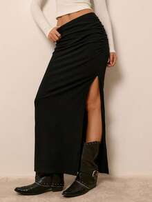 Freevana Black Cotton Blend Ruched High Waisted Side Slit Bodycon Maxi Skirt Sexy Fitted Long Skirt - Black - View 3