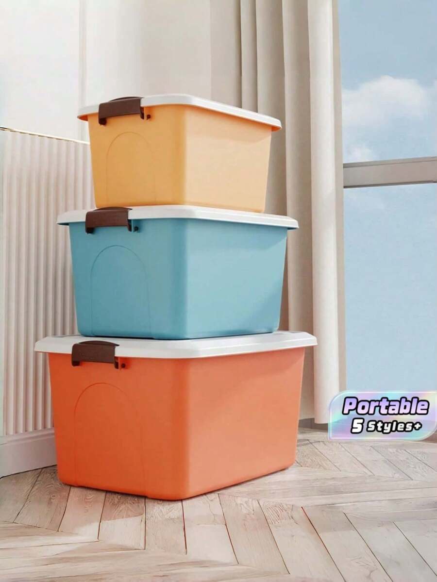 1pc Five Optional Sizes Heavy Duty Plastic Storage Bins With White Lids Side Handles Space Saving Stable Multi Functional Three Color Storage Organizer Box For Clothes Blankets Bedroom Living Room Closet Dorm Household Four Seasons Storage - View 1