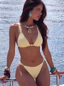 Swim Mod Set bikini jacquard floreale con coppe triangolari modellante per donne, per sorgenti termali & vacanze - Giallo - Visualizzare 1