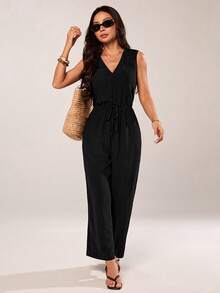 SHEIN PETITE Women's Solid Color Backless Tie Loose Wide Leg Sleeveless Jumpsuit Black Summer Casual Black - Black - View 4