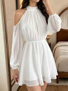 Privoire Women's Solid Color Off-Shoulder Long Sleeve Fashion Elegant Short Dress - Beige - View 3