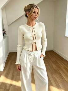 Cévolie Women's Solid Color Front Tie Long Sleeve Ruffle Hem Cardigan - Beige - View 5