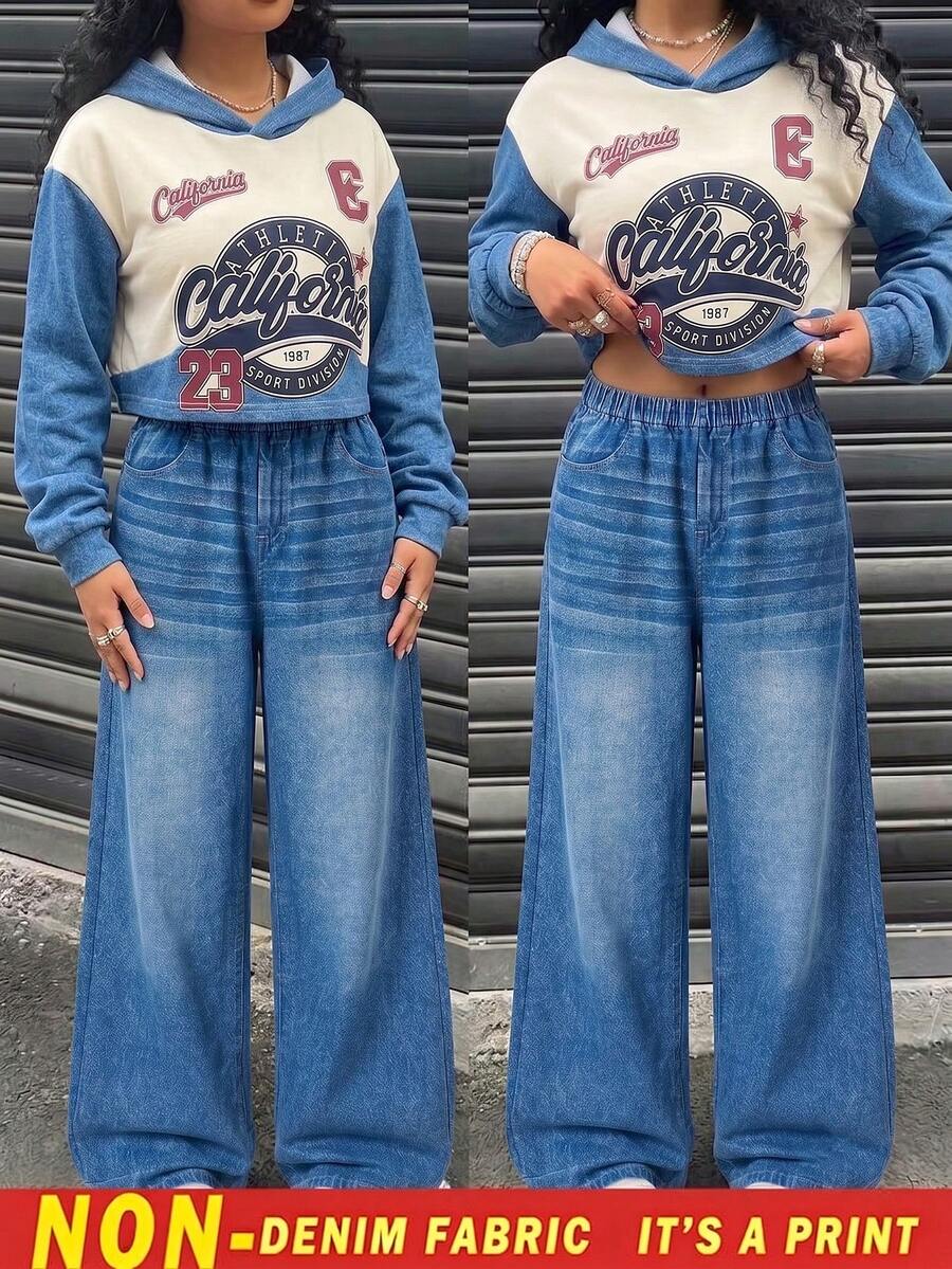 青少年女孩短字母與數字牛仔效果連帽衛衣,搭配牛仔效果寬腿褲,寬鬆版型,舒適面料,街頭風,適合日常穿著與外出,為您的孩子帶來獨特的時尚體驗 - 藍色 - 查看 1