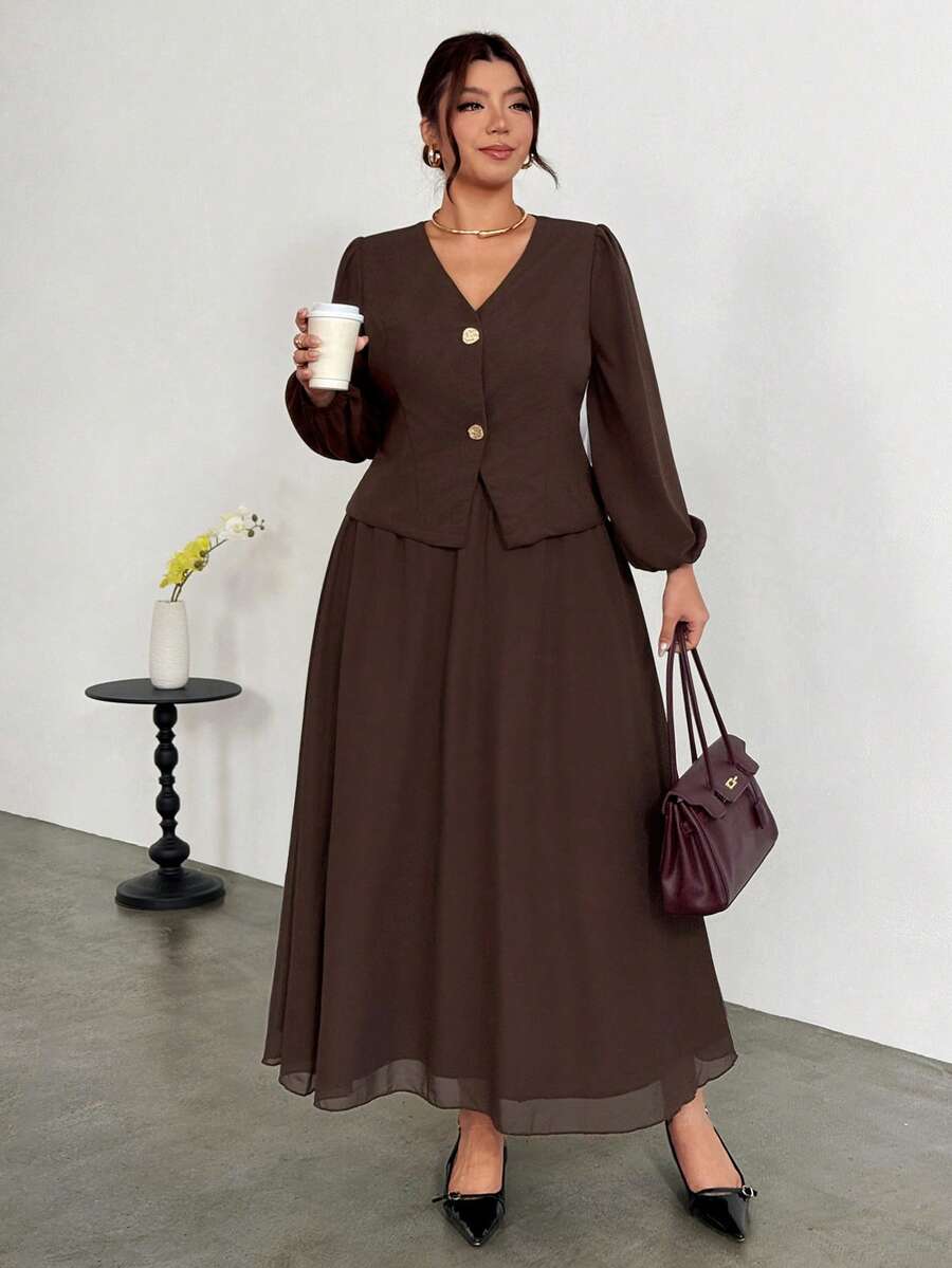 Firerie Plus Size Elegant Commuter Shirt & Skirt 2 Pieces Set Fall