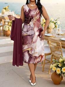 Fleurora Conjunto de 2 piezas de vestido con estampado de mármol & chaqueta transparente de talla grande - Burdeos - Ver 1