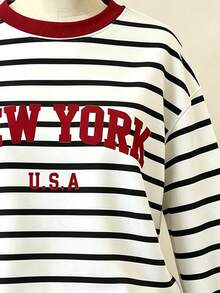 女童黑白條紋圓領運動衫，秋冬款，美式 NEW YORK 紅字印花，寬鬆休閒學生長袖衛衣，日常基礎百搭經典復古 - 彩色 - 查看 5