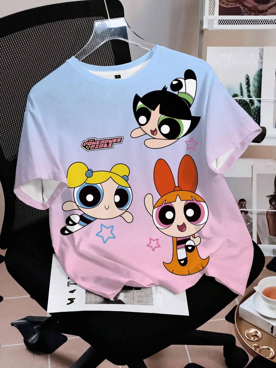 THE POWERPUFF GIRLS X SHEIN 女款圓領漸層色字母卡通印花休閒日常夏季T恤 - 白色 - 查看 1