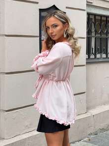 Jeta Ari Atasan Wanita Lengan Mengembang Longgar dengan Detail Ruffle dan Pinggang yang Diikat - Baby Pink - View 3