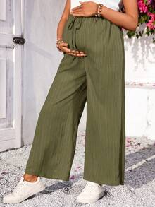 SHEIN Maternity Solid Color Wide Leg Pants For Vacation And Casual Wear - Army Green - View 5