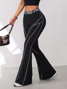 SHEIN Sports Women's Summer Black Tight Sexy Soft Sports Long Pants With Slogan, High Elastic Waistband, Front Color Block Line Design, Flared Leg, Fashionable - Black - View 5