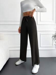 WovenCharm Pantalones rectos de punto acanalado de algodón liso - Negro - Ver 5